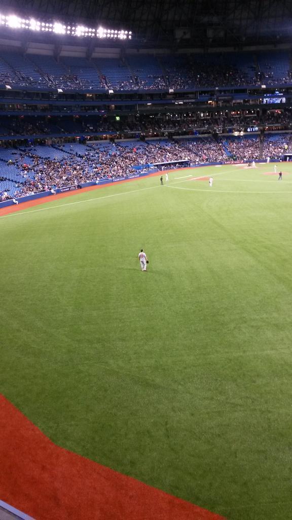 View from the 200 level in right field at Rogers Centre, with Travis Snider standing in right field